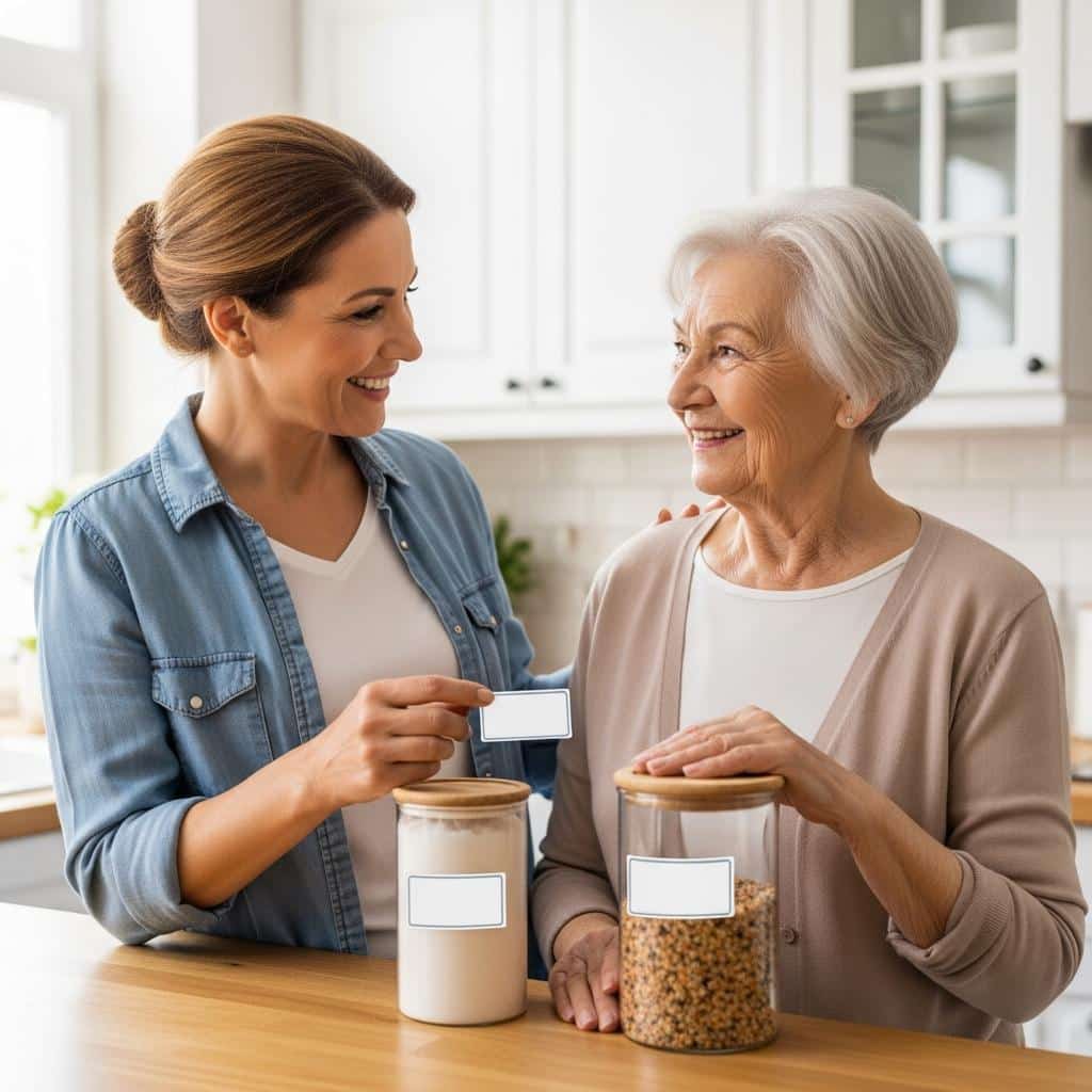 Middle-aged woman and older woman labeling meal containers together, waist-up