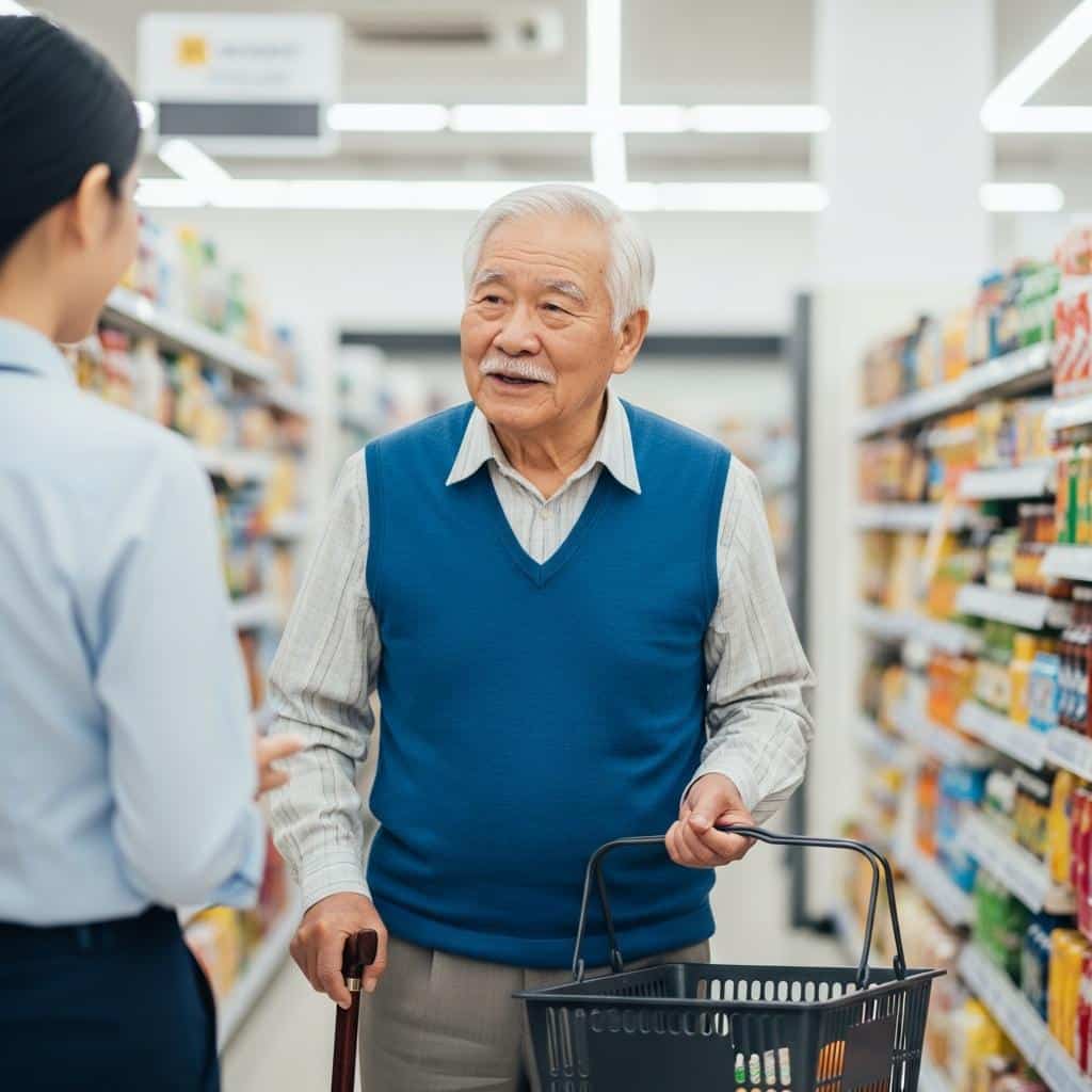 Elderly man with cane and grocery basket requesting assistance in supermarket aisle