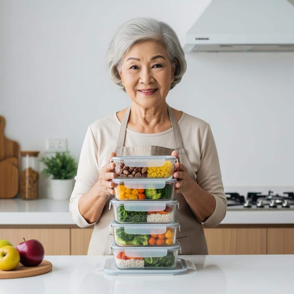 Older woman with glass portion-control containers of healthy meals on kitchen counter, waist-up