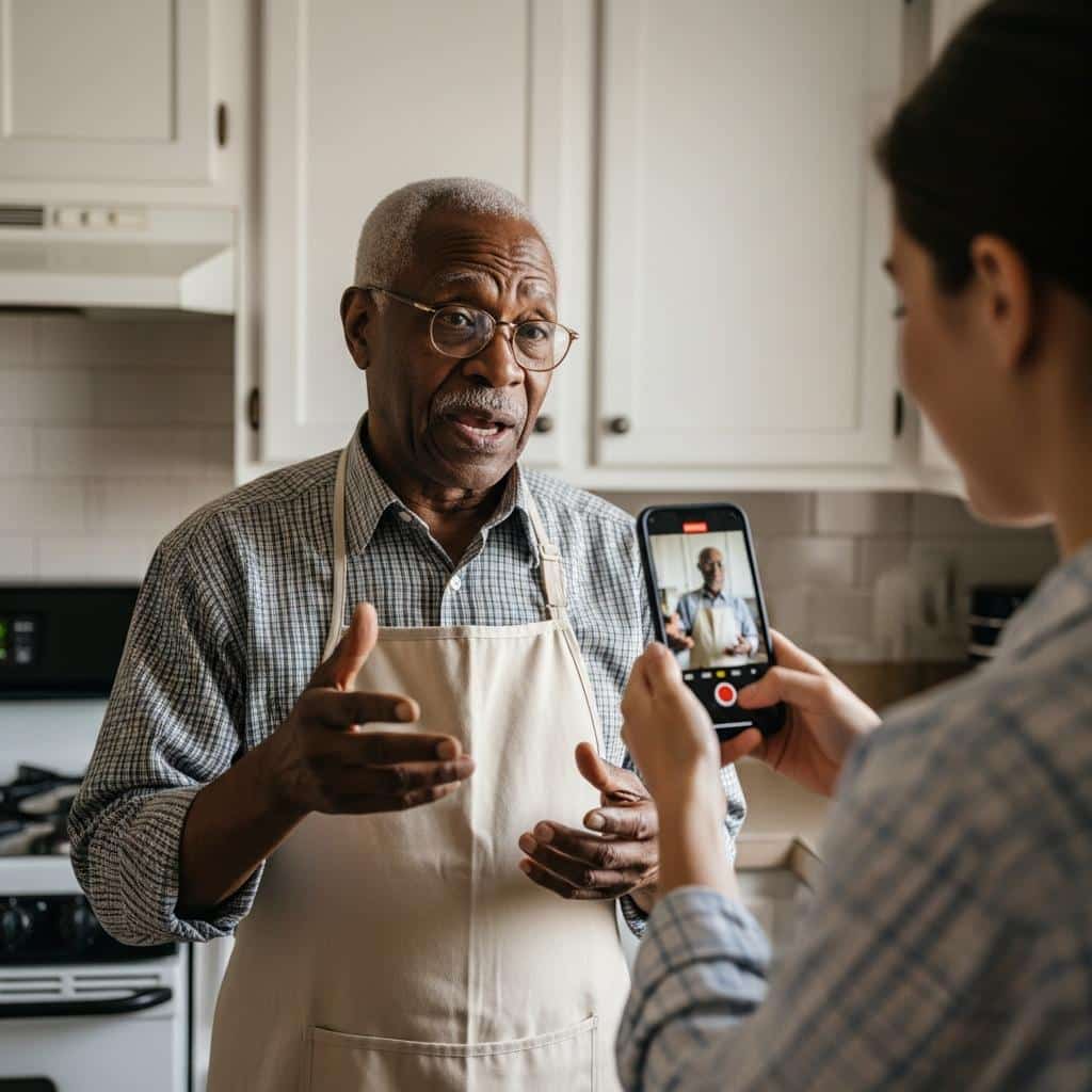 Elderly man explaining his cooking method as a younger person records with smartphone in the kitchen