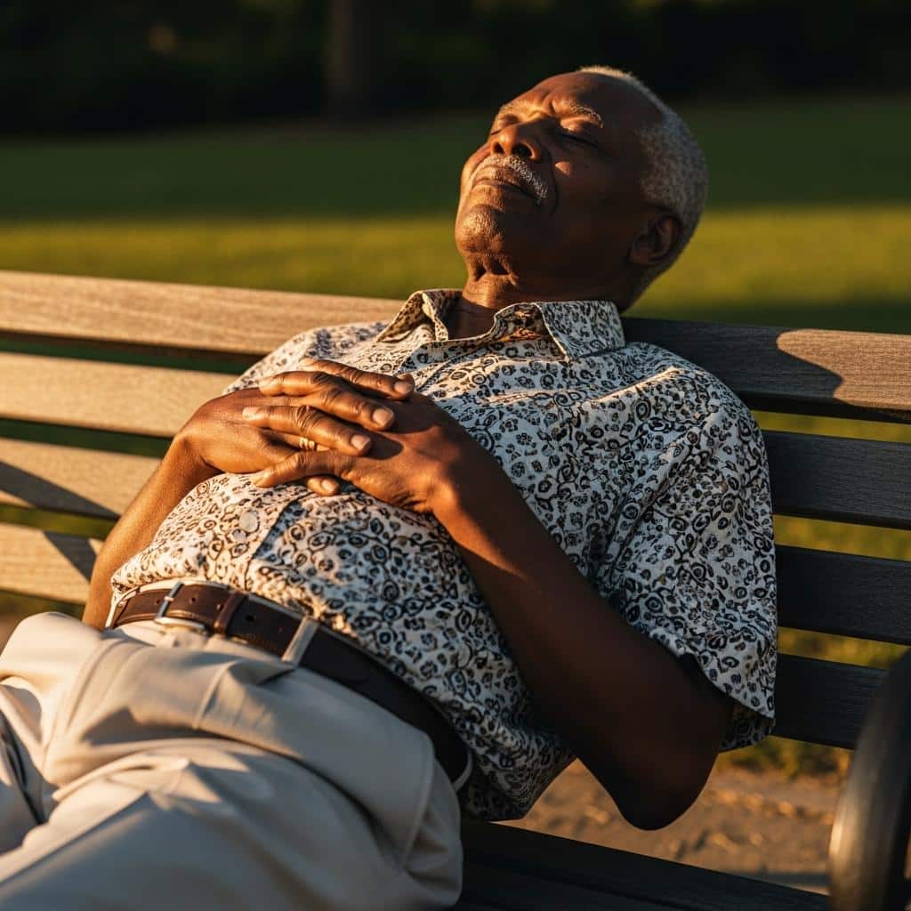 Older man relaxing on a sunlit bench outdoors with eyes closed