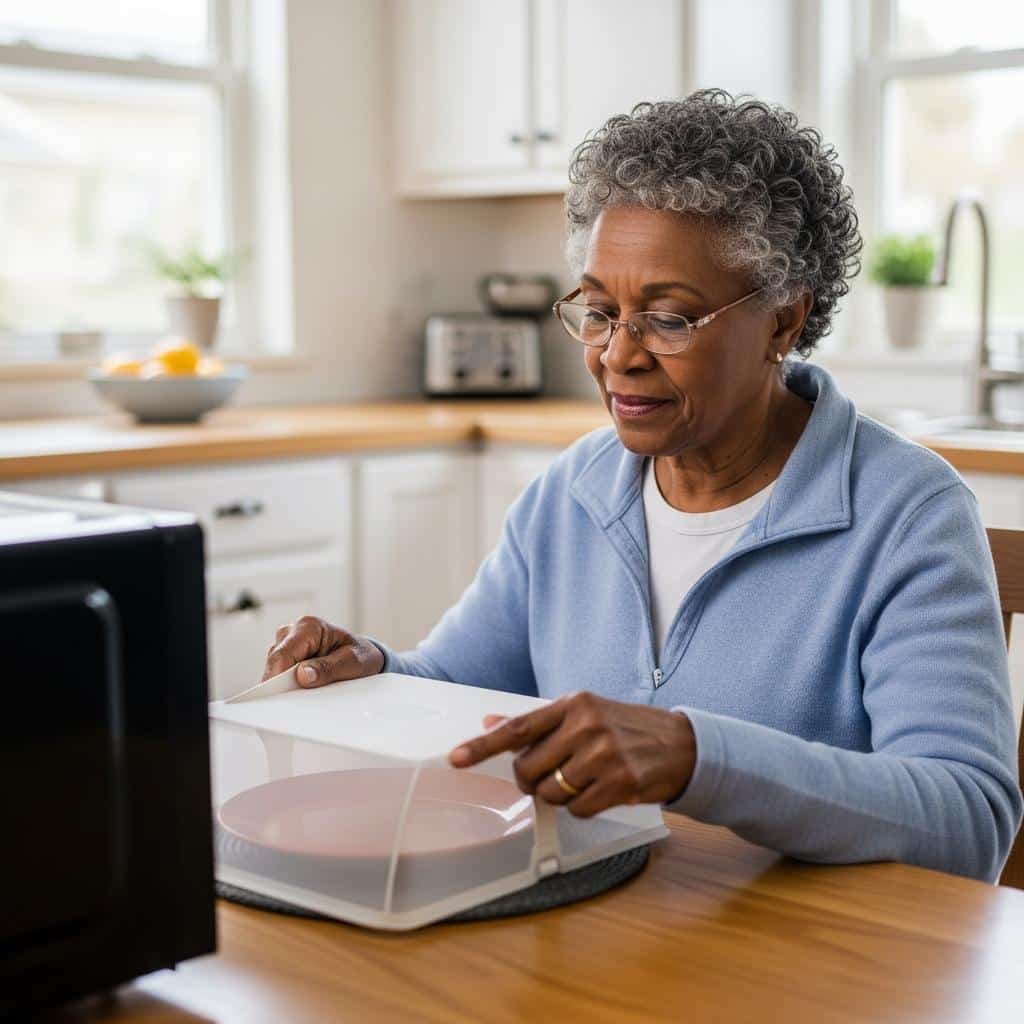 Older woman at table using angled splatter guard on plate, full-body