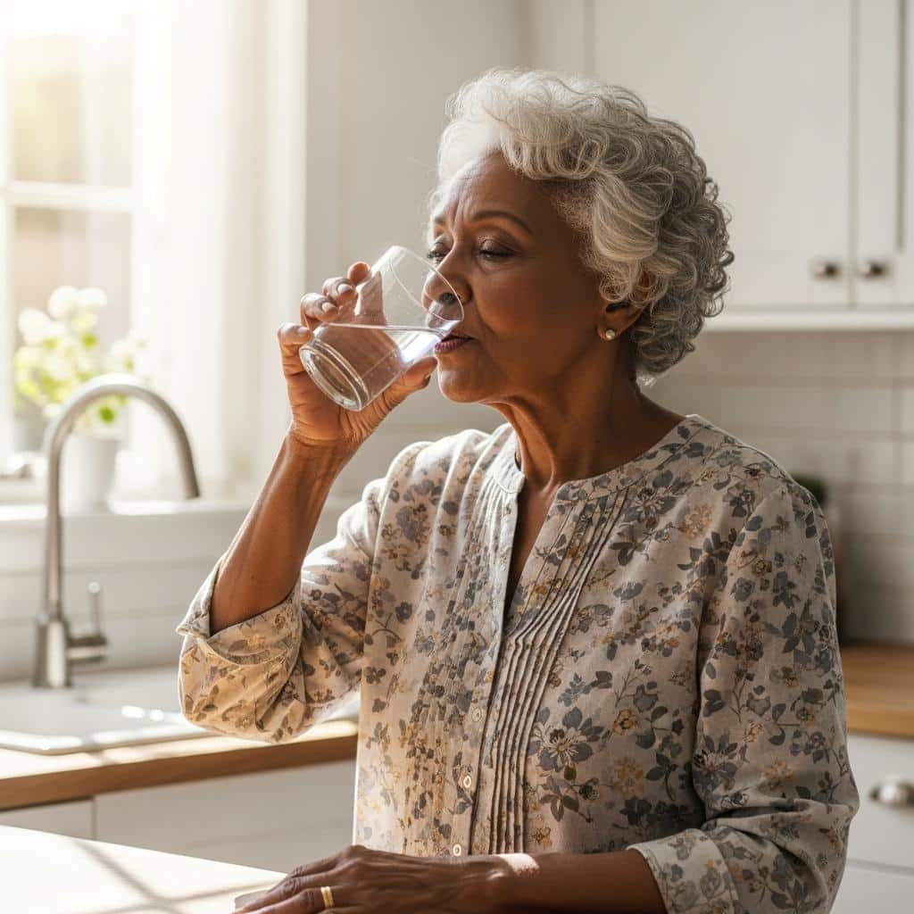 Older woman drinking water in a bright kitchen, waist-up