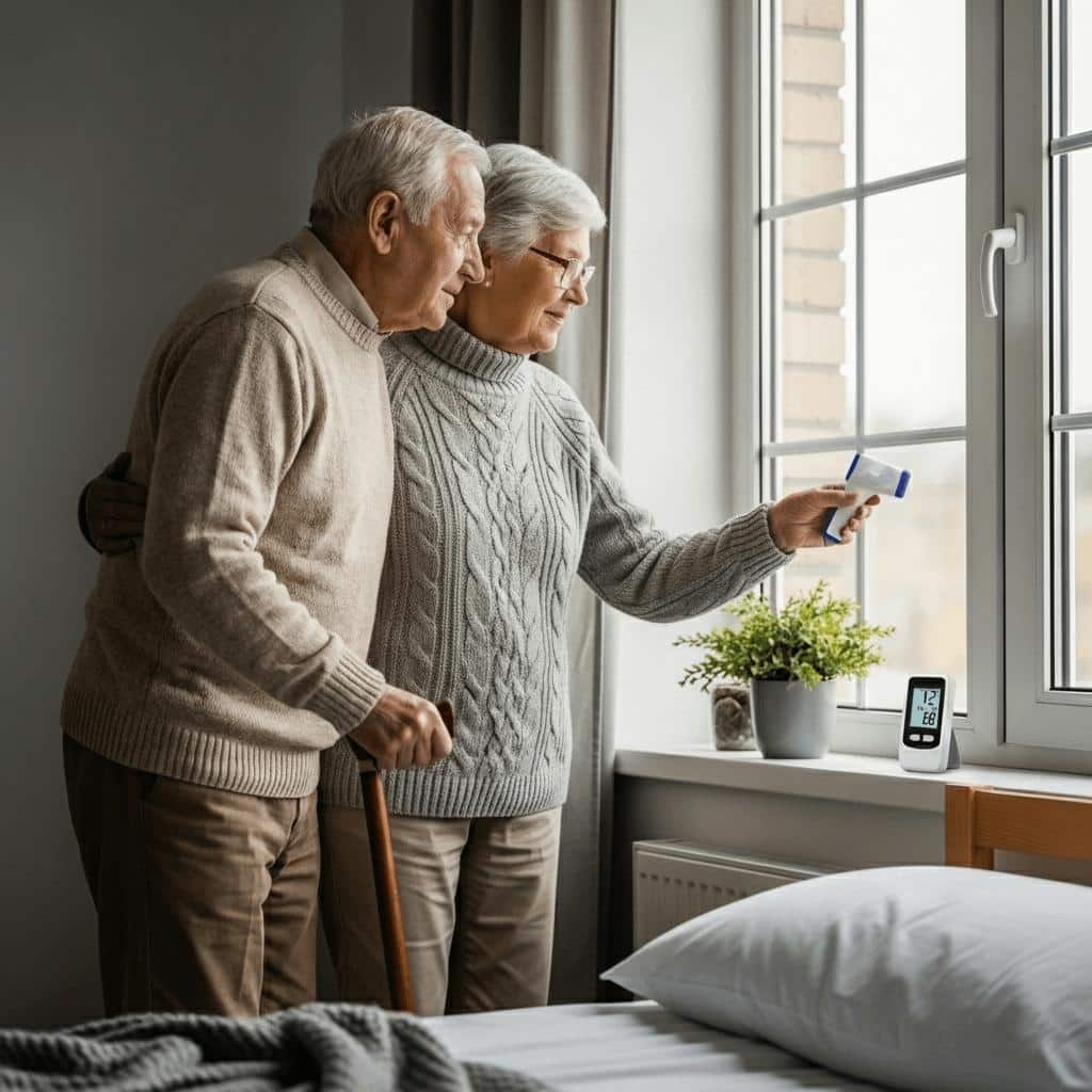 Older couple by bedroom window checks thermometer, one holds cane