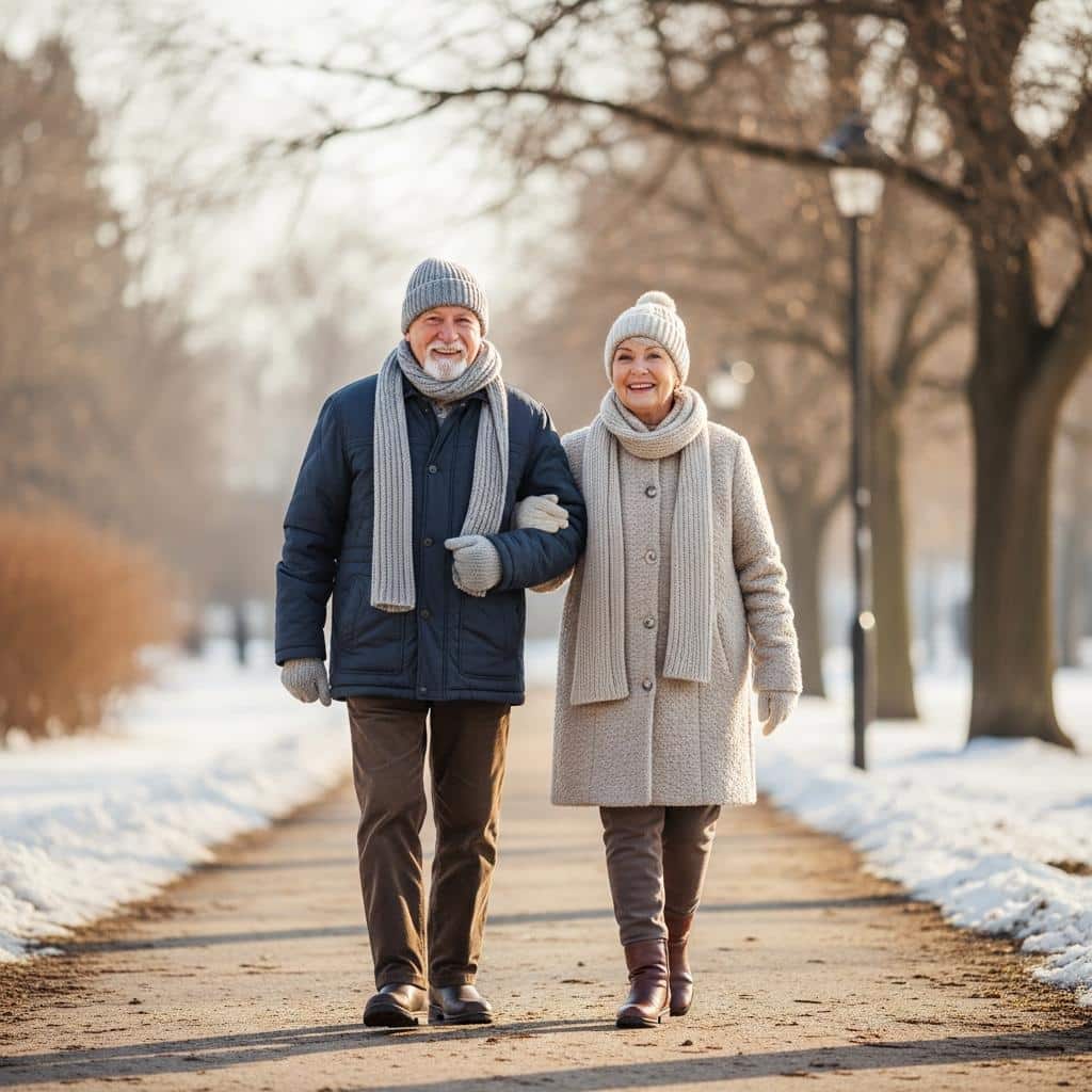 Older couple walking together in a sunny winter park, dressed warmly