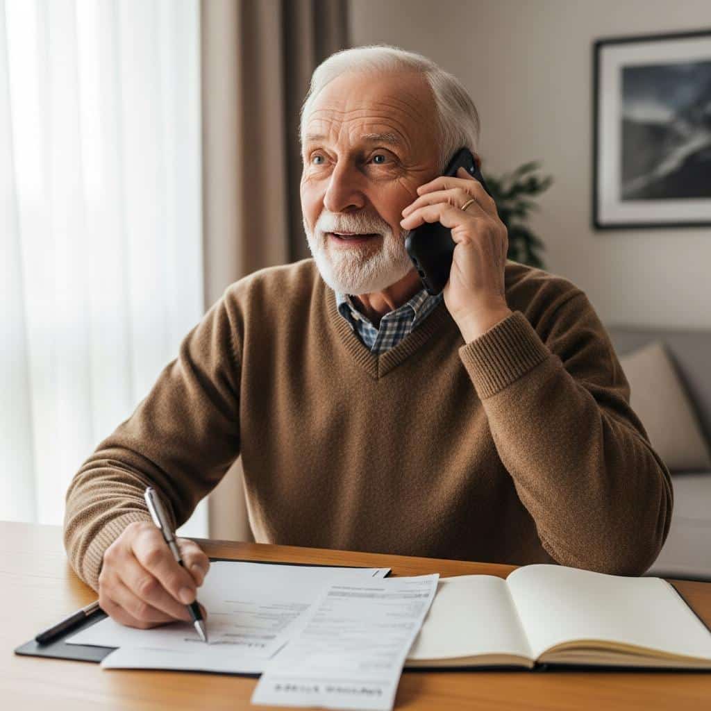 Older man sitting by a desk, calling about utility bills, waist-up