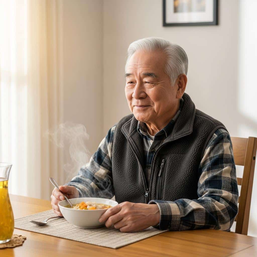 Older man in vest enjoying a bowl of soup at dining table, full-body photo