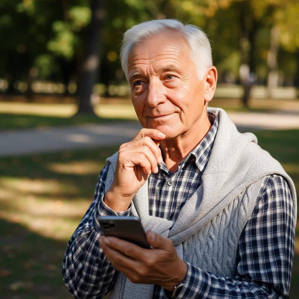 Older man in a park smiling gently at his phone