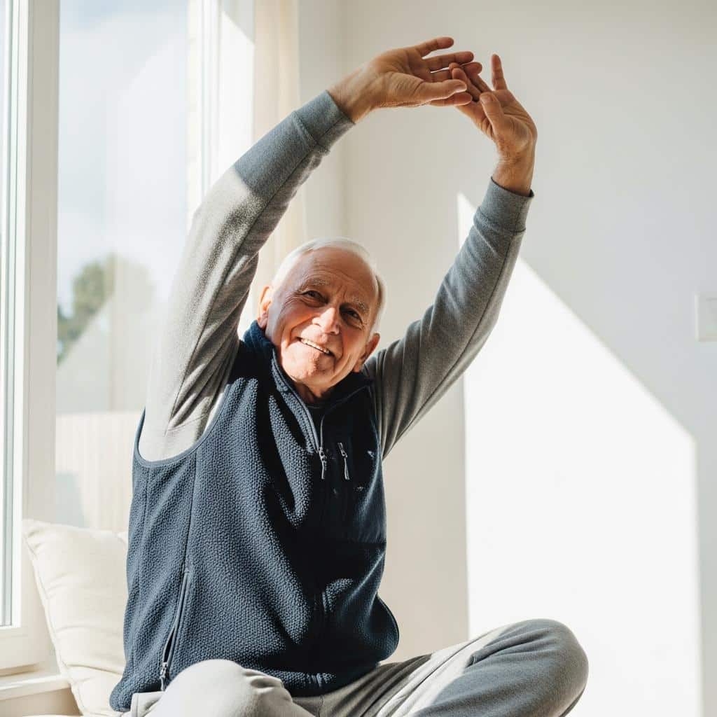 Older man smiling and stretching arms while seated in sunlit room
