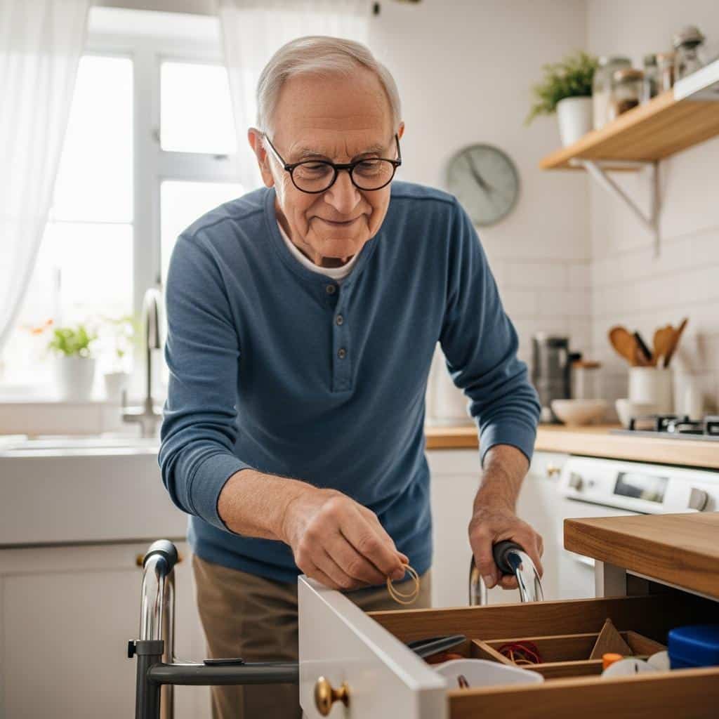 Older man using a walker retrieving item from kitchen drawer, warm and inviting kitchen