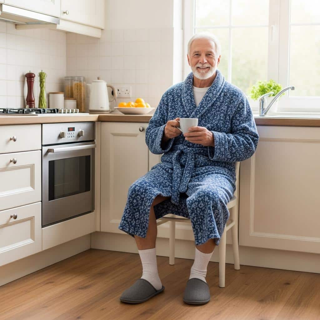 Older man in robe and slippers sits with tea in kitchen, full-body view