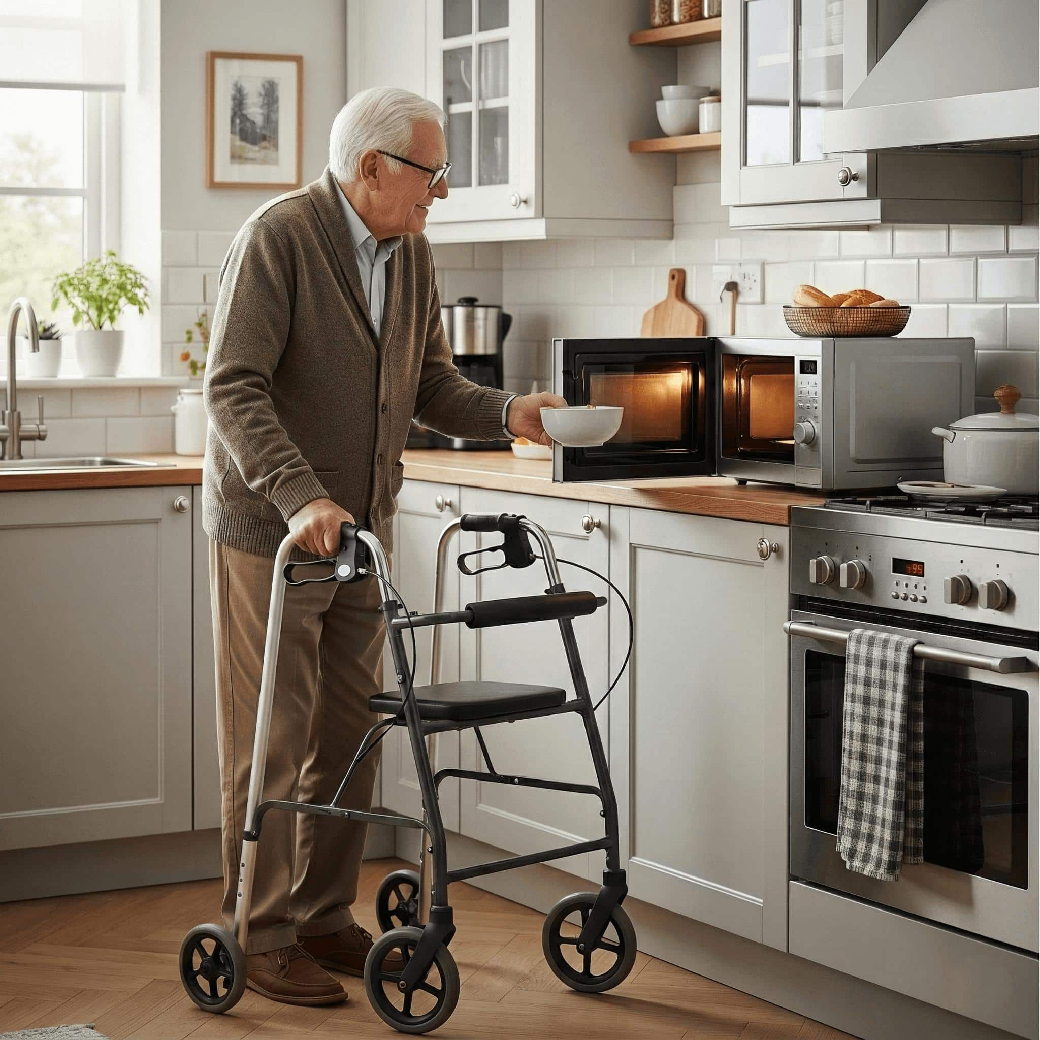 Elderly man with walker using microwave in accessible kitchen, full-body view