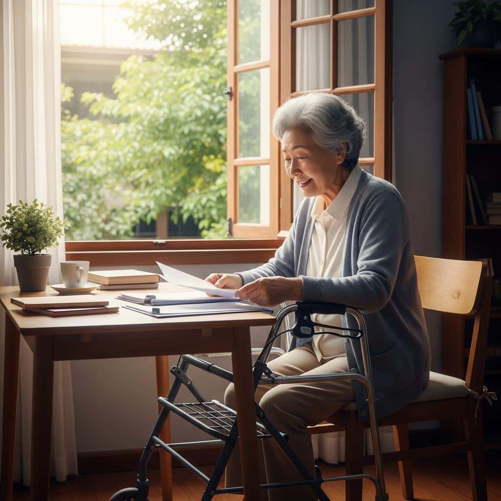 Elderly woman using a walker, sitting at a table and reviewing paperwork by a window