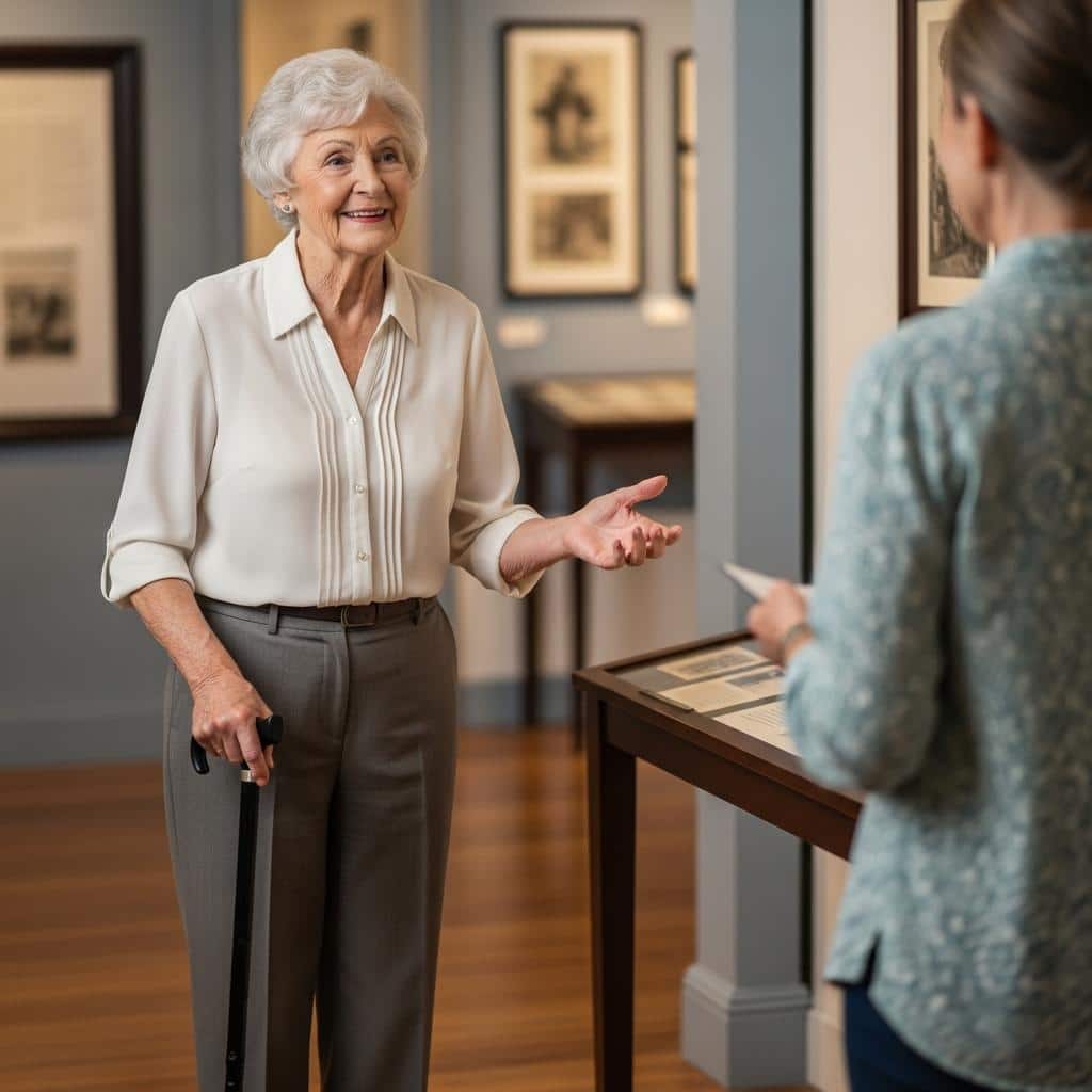 Elderly woman with a cane standing by a museum exhibit, speaking to another adult
