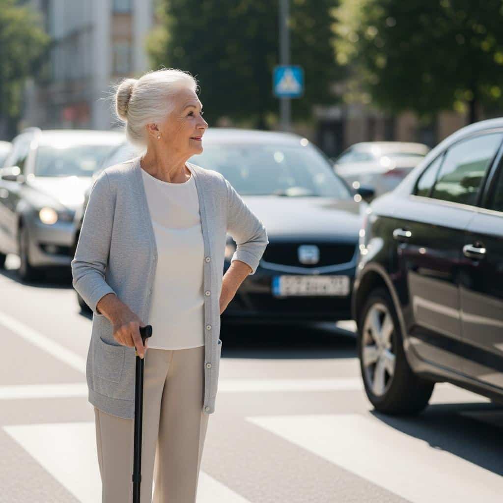 Older woman at a crosswalk with a cane, smiling confidently