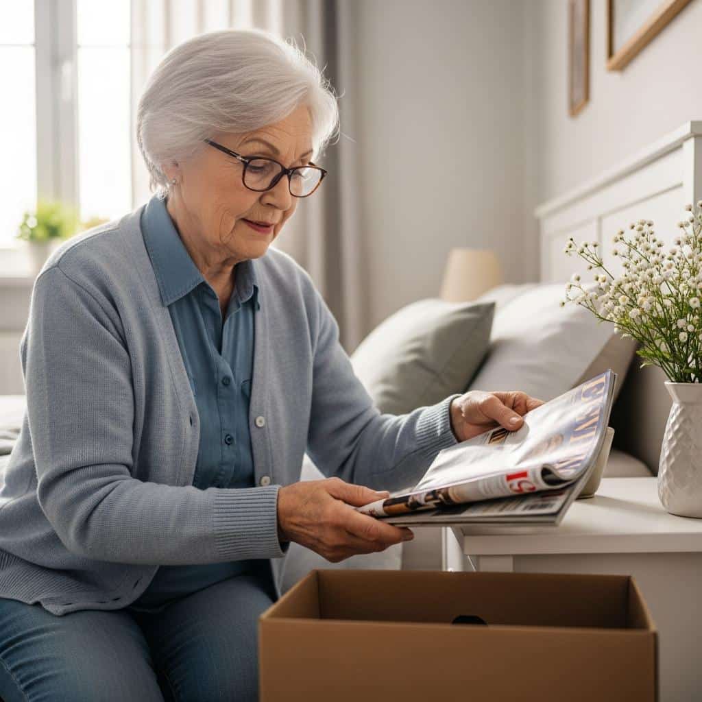Older woman placing magazines in a donation box beside her nightstand, with natural light from a window