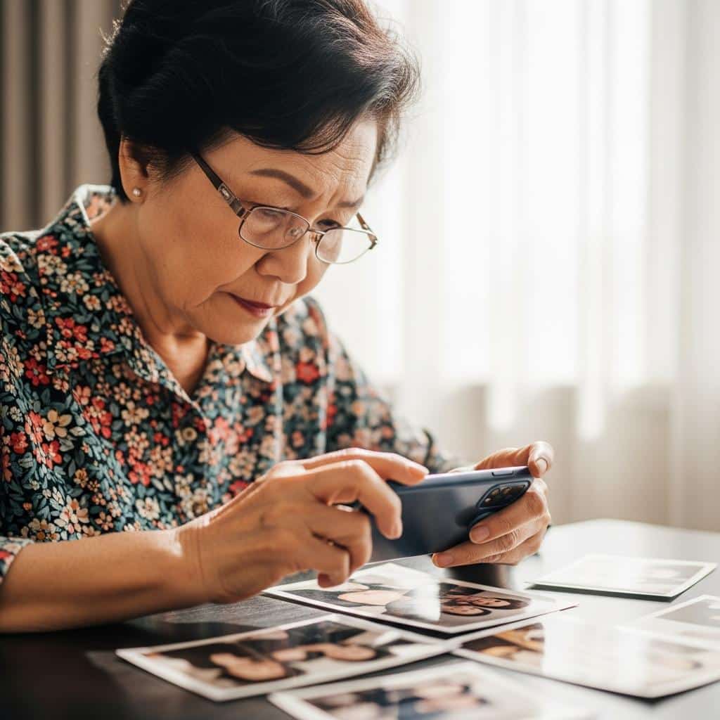 Elderly woman using smartphone to scan family photos on a table by a sunlit window
