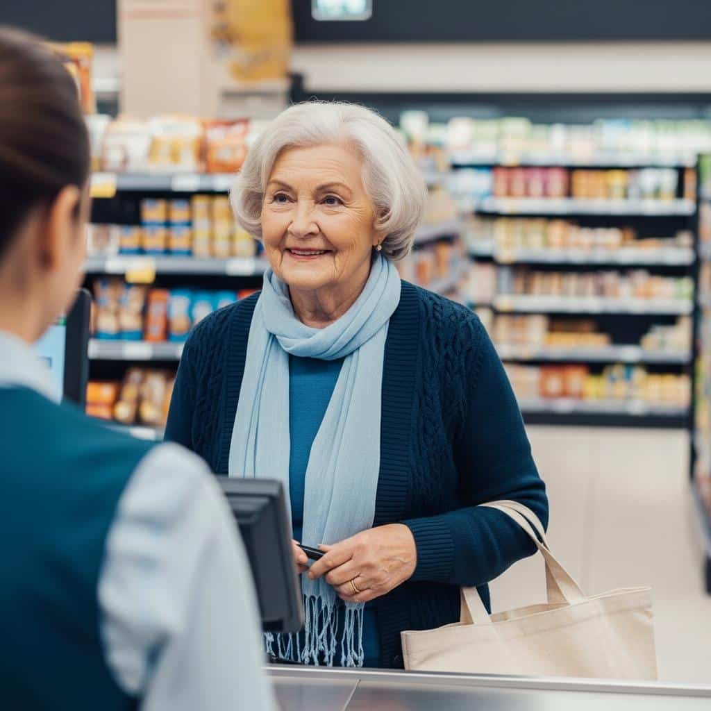 Older woman at supermarket checkout, confidently speaking with cashier