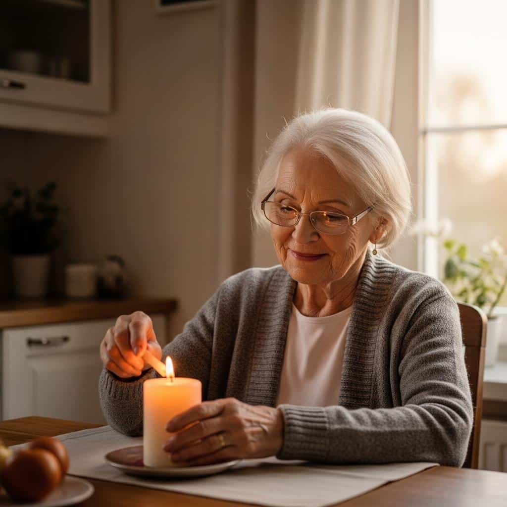 Older woman lighting candle at kitchen table with morning sunlight