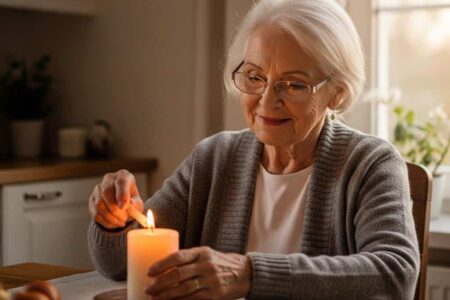 Elderly woman lighting candle solstice[1]