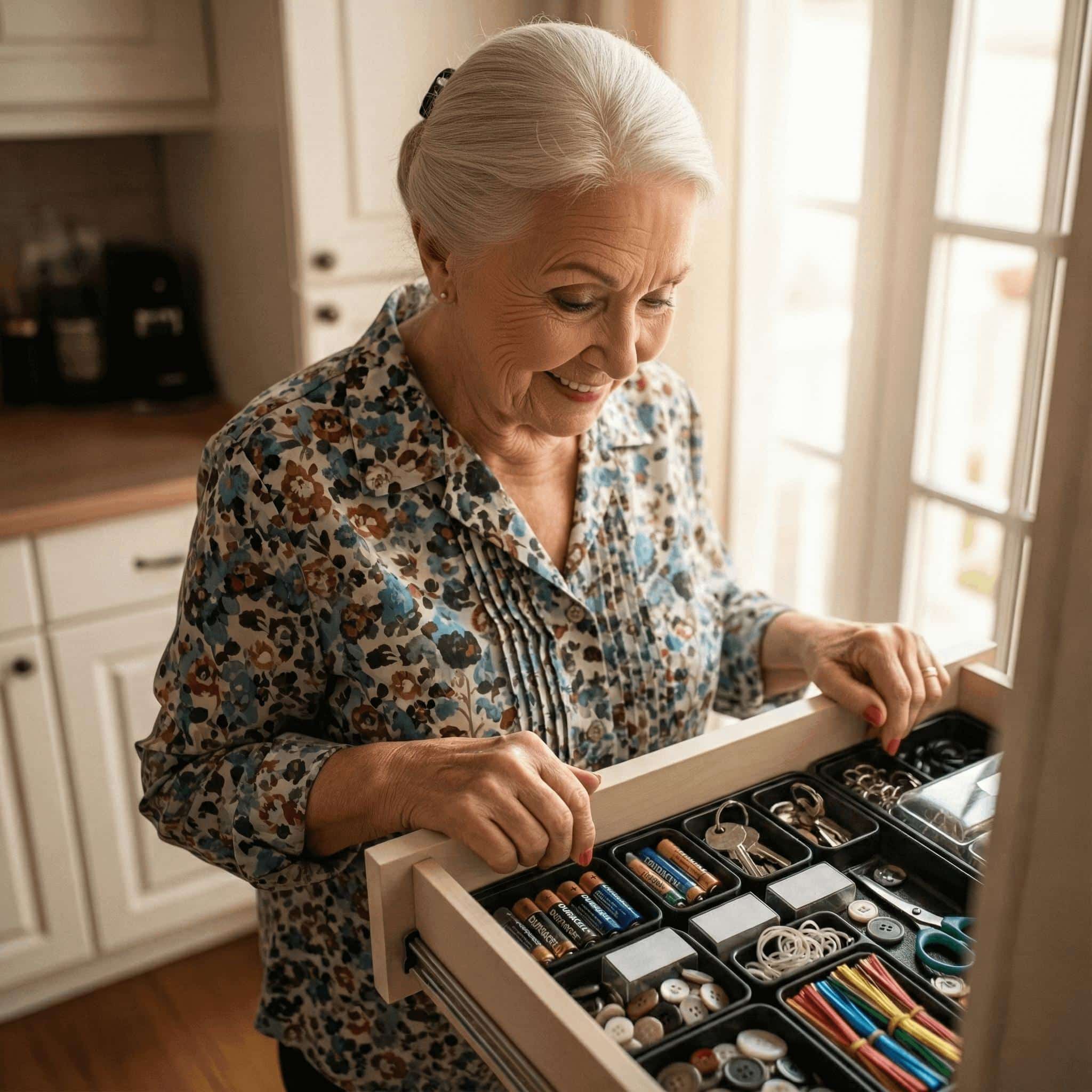 Older woman smiling as she opens a neatly organized kitchen drawer filled with everyday essentials