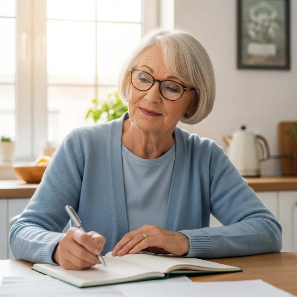 Older woman sitting at a kitchen table planning weekly meals with a notebook, waist-up view