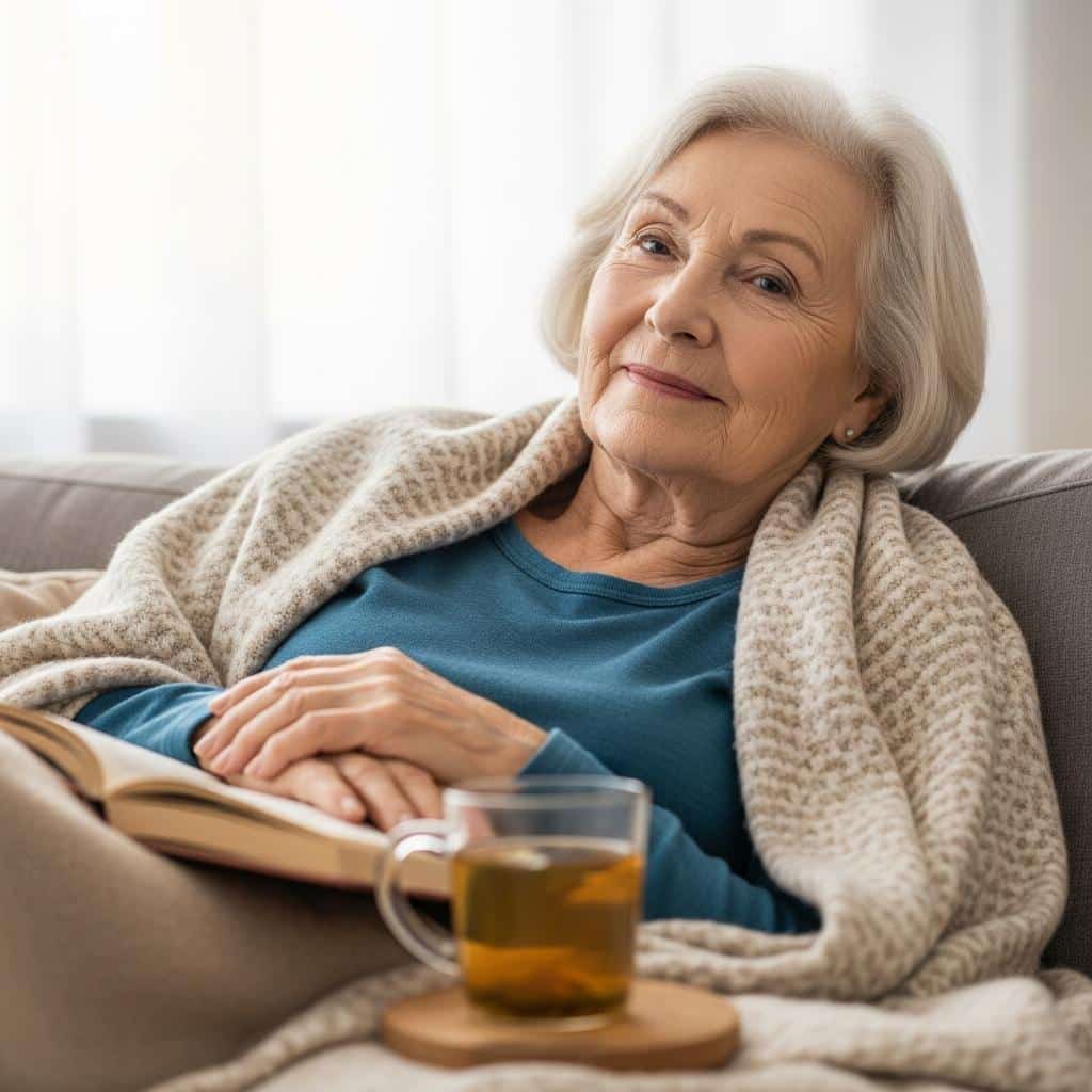 Elderly woman relaxing on couch with blanket and tea, peaceful expression, waist-up view