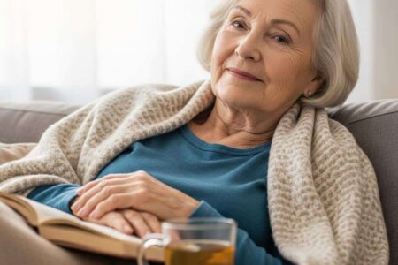 Elderly woman reclining with blanket tea recovery[1]