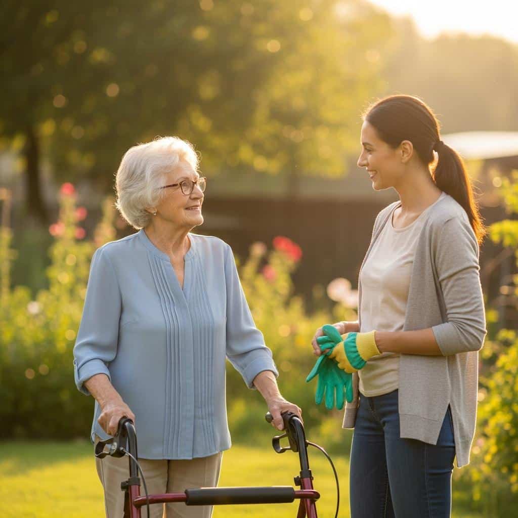 Older woman using a walker talks with her adult daughter in a sunlit garden