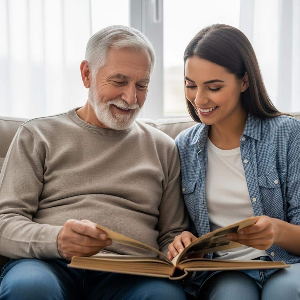 Older man and adult daughter sitting on couch, looking at a photo album together