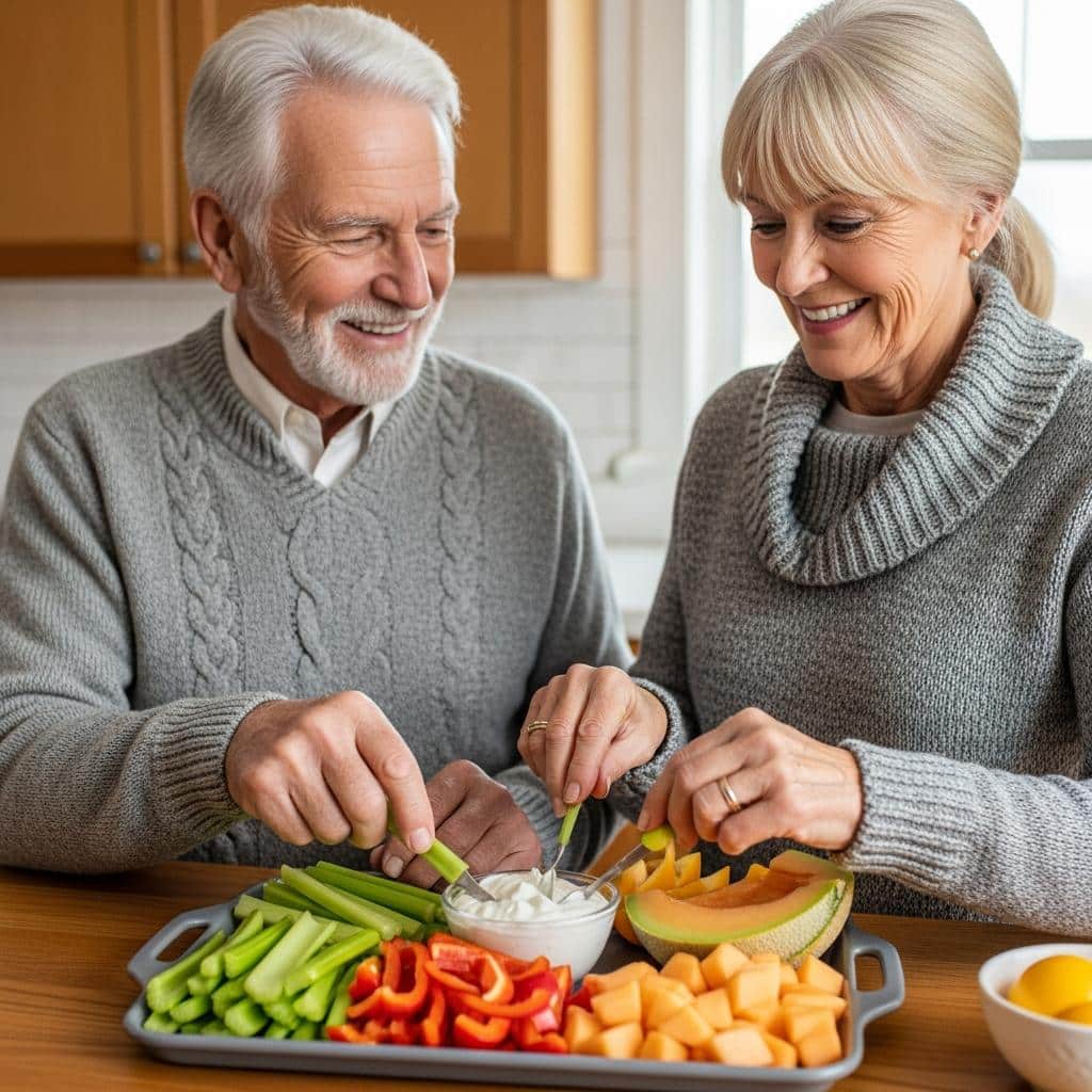 Senior man and granddaughter arranging hydrating snacks in a cozy kitchen