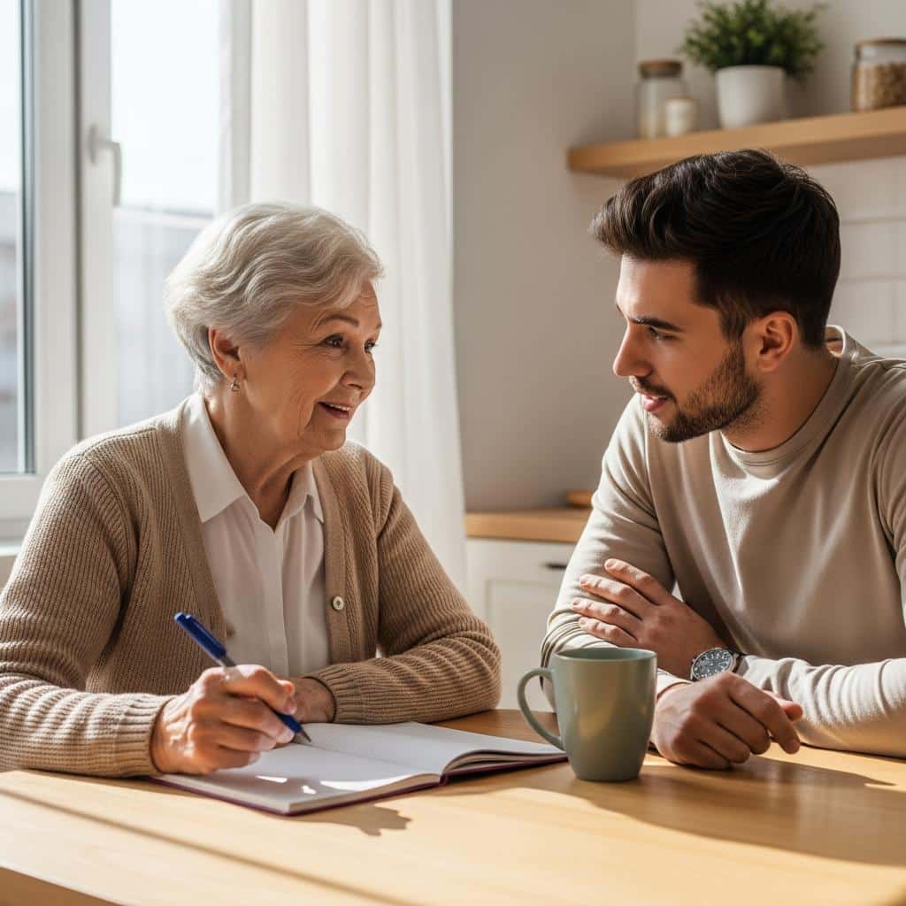 Older woman sitting with her grandchild at a kitchen table, both engaged in warm conversation
