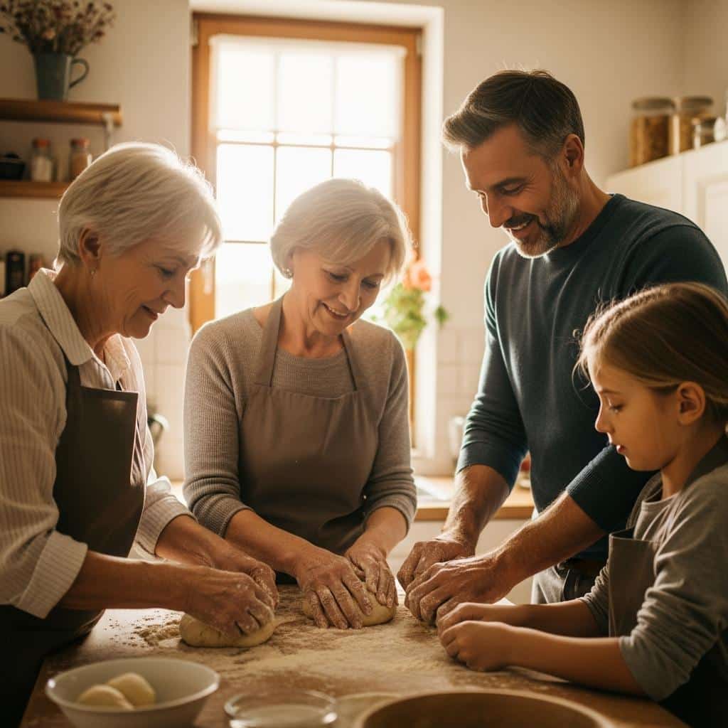 Grandmother and adult family member kneading dough together in a warmly lit kitchen