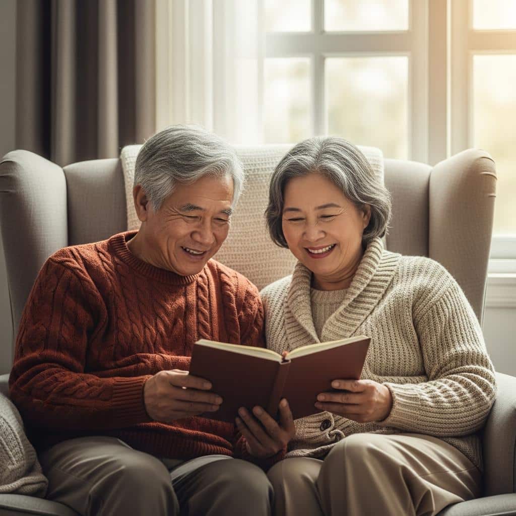 Older couple sharing armchair reading journal together, soft sunlight