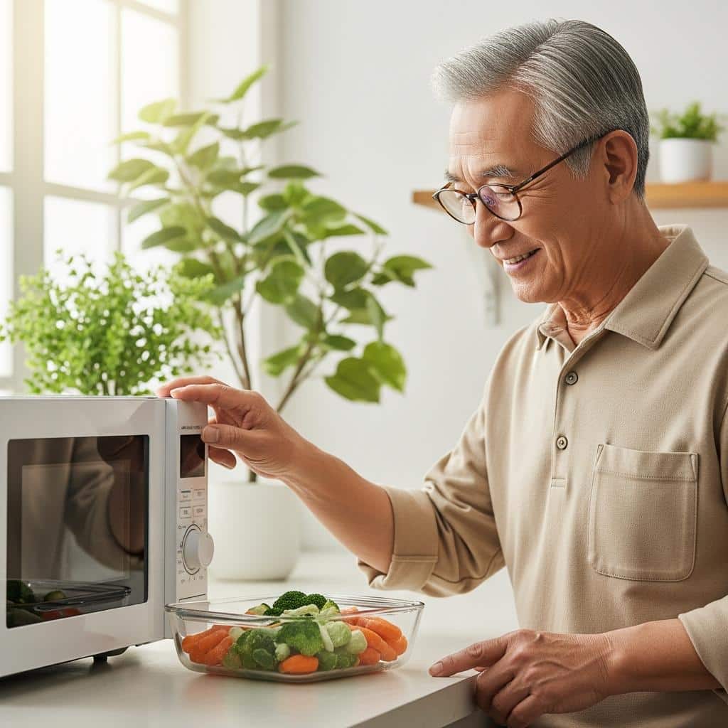 Senior man smiling while adjusting microwave settings near a dish of frozen vegetables