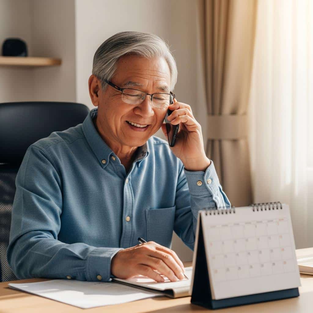 Older man in home office making a phone call with calendar and bills nearby