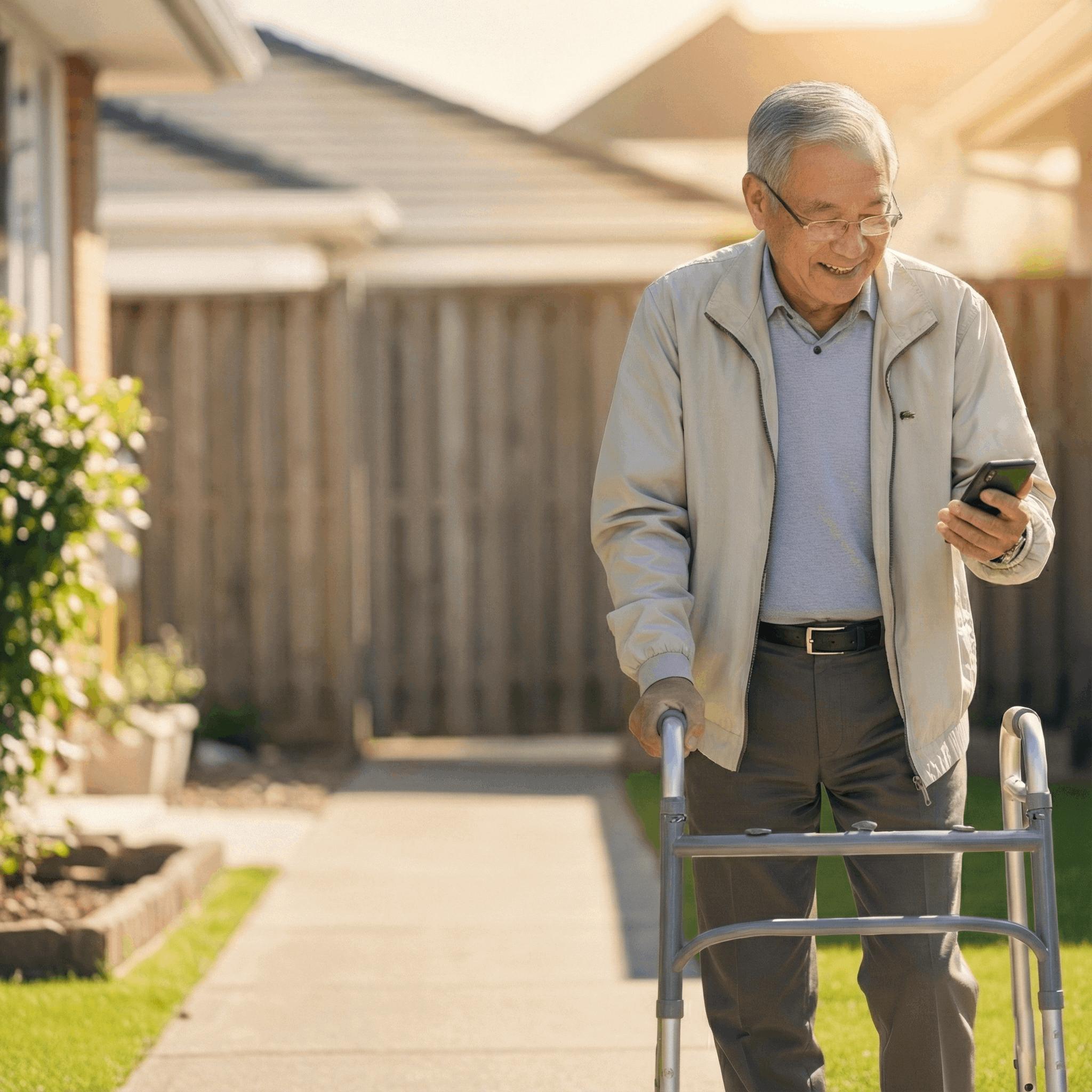 Older man with a walker reading a message on his phone outside his home