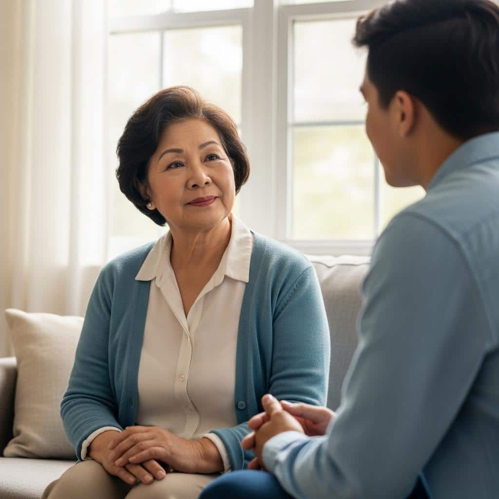 Senior woman patiently listening to someone across a coffee table, relaxed in a warmly lit living room