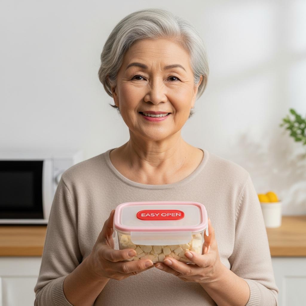 Older woman in kitchen holding easy-open container with red lid, waist-up
