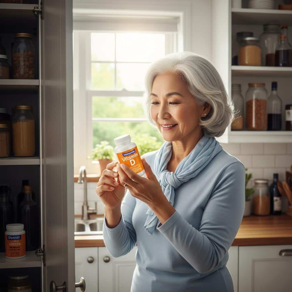 Older woman looking at vitamin D bottle in a sunlit pantry