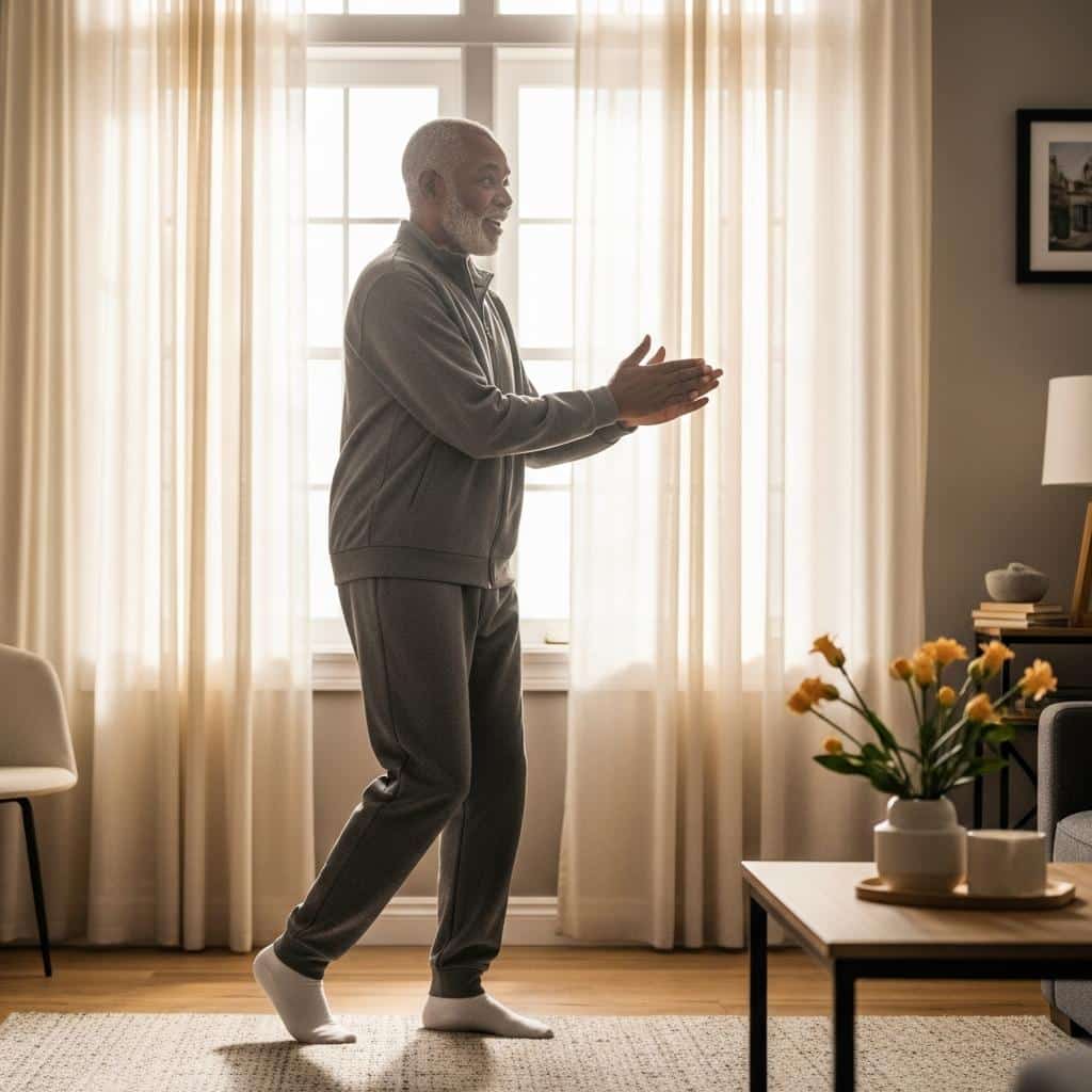 Older man in living room marching in place, preparing for gentle stretching, full view