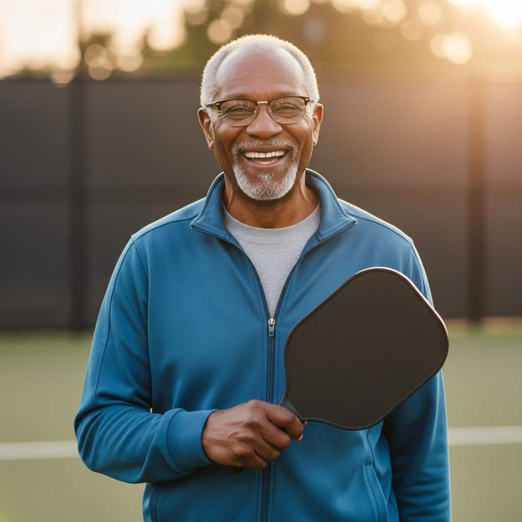 Older man smiling outdoors holding a pickleball paddle, waist-up