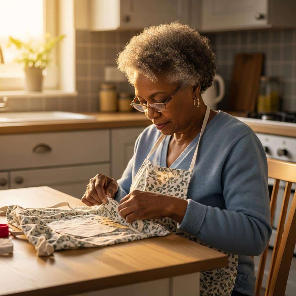 Older woman mending an apron at the kitchen table in golden sunlight