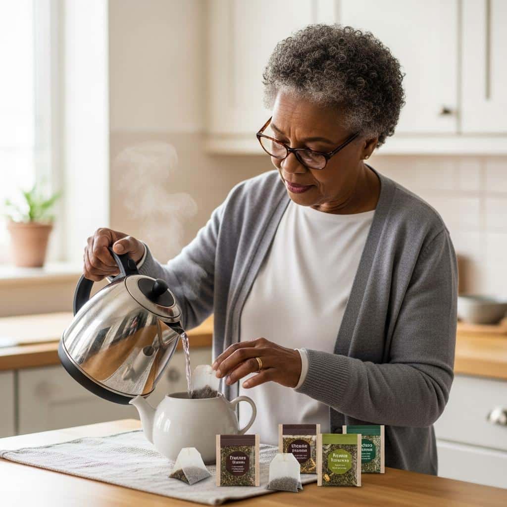 Older woman in a cardigan pours hot water into a teapot on a bright kitchen counter