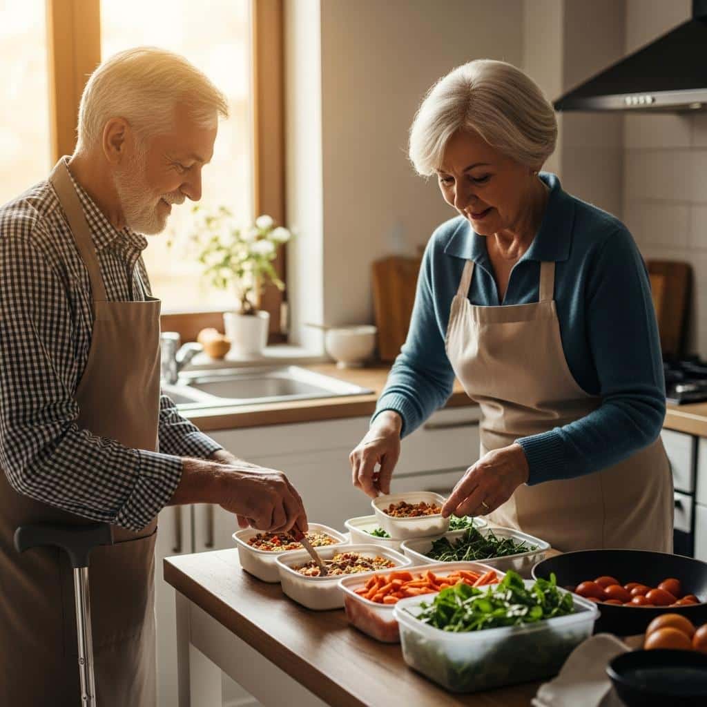 Older couple preparing single-serve meals with containers in kitchen, waist-up