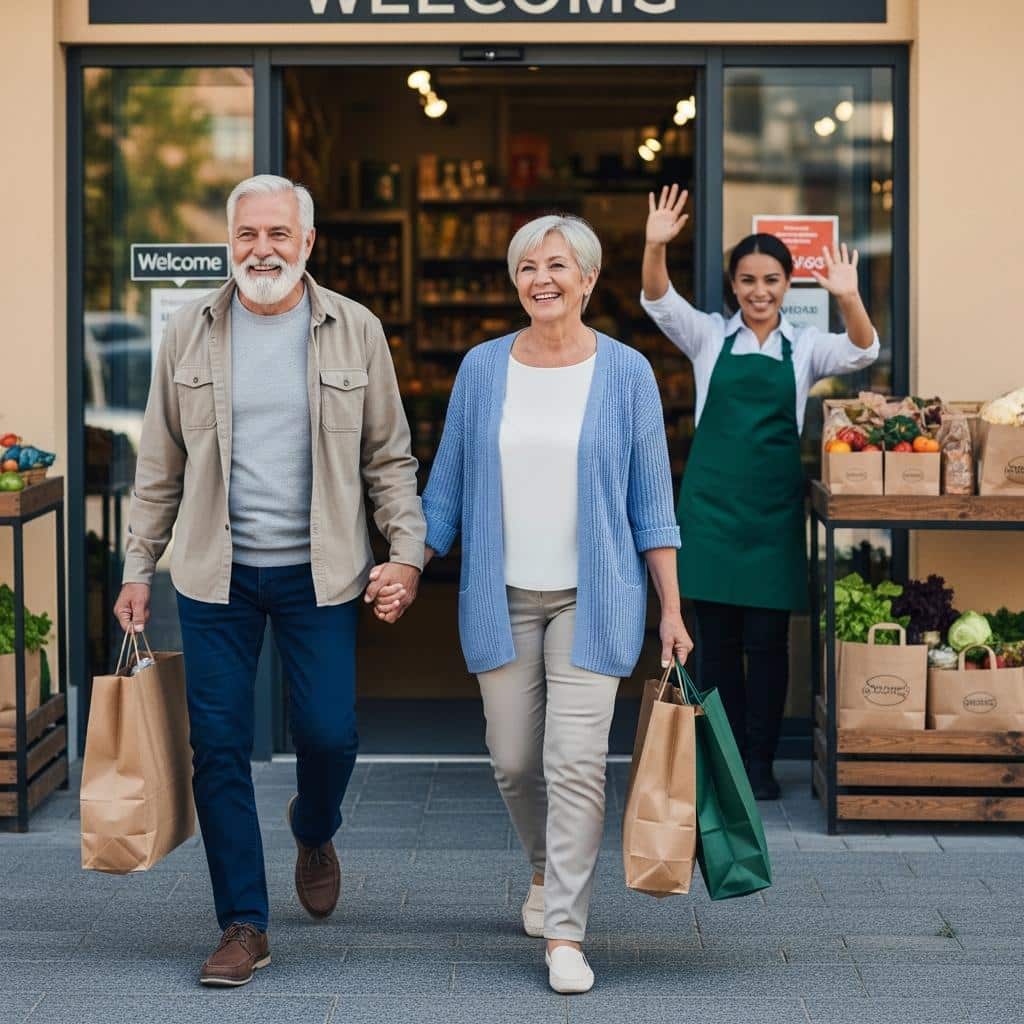 Older couple carrying grocery bags and smiling as they leave grocery store, staff waving in background