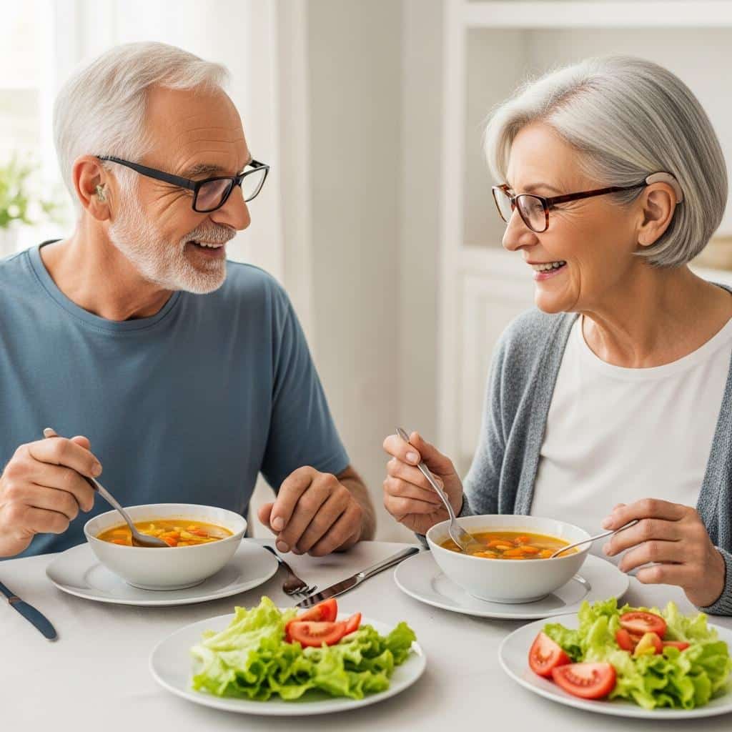 Older couple eating soup and salad together at a sunlit dining table, waist-up view