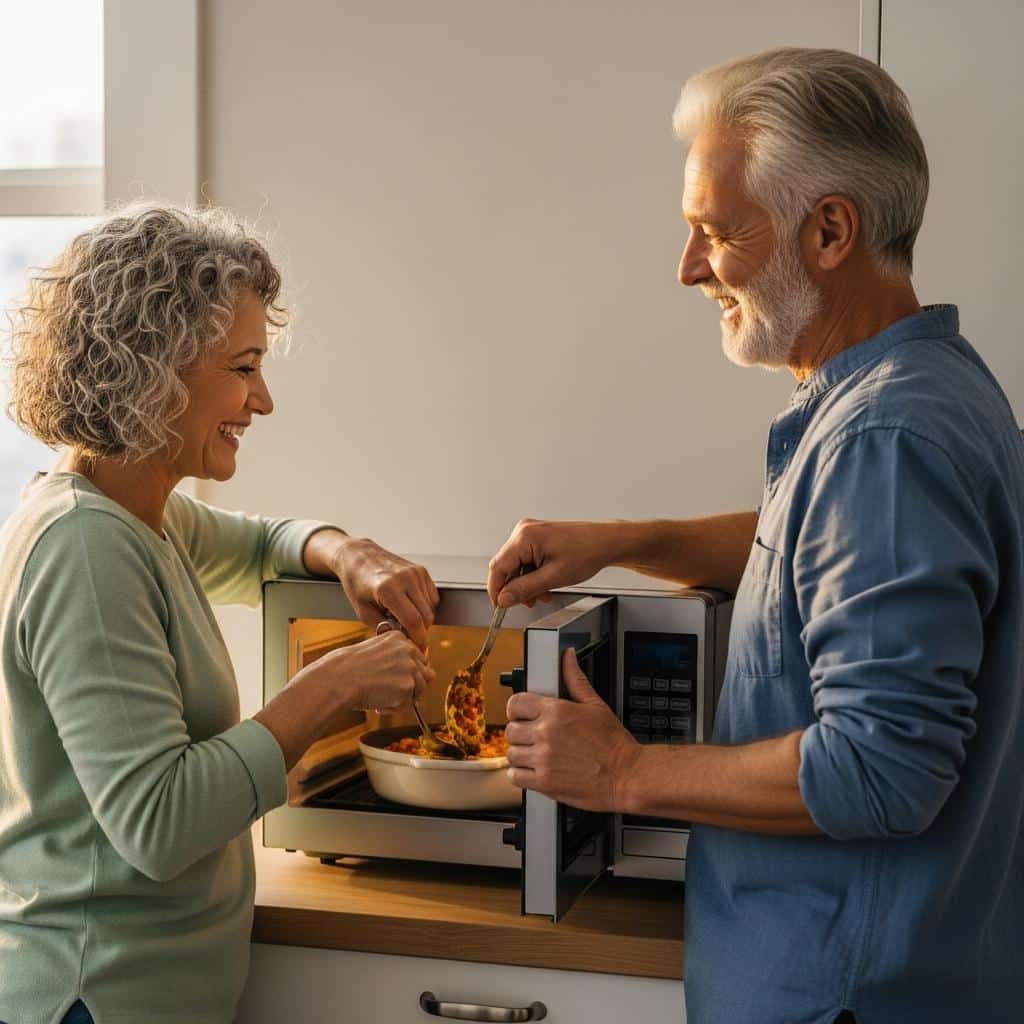 Older couple standing at a microwave, pausing to stir a dish, smiling, waist-up