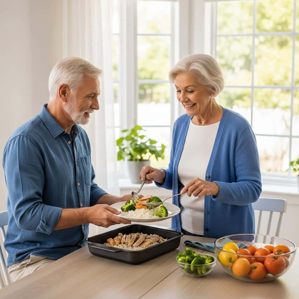 Older couple plating a balanced meal together at a dining table