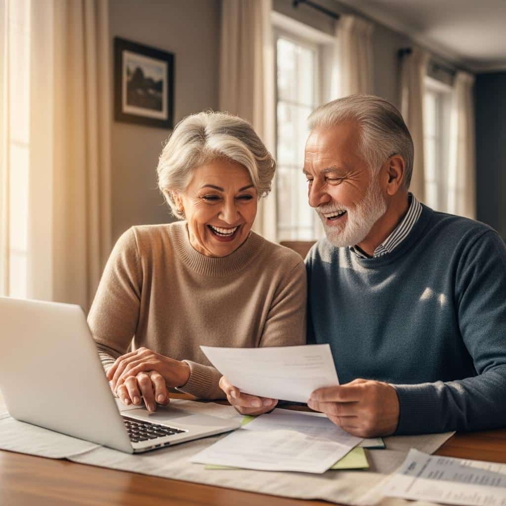 Older couple reviewing bills and using a laptop together in dining room
